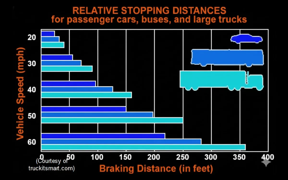 Relative stopping distances for passenger carsm buses and target trucks