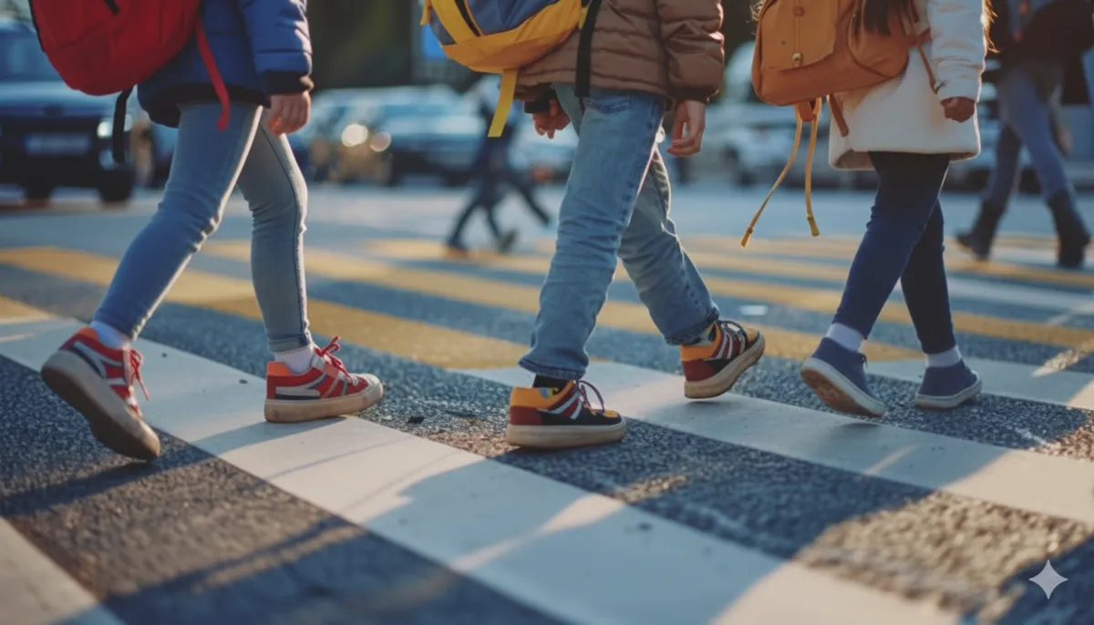 Pedestrians: fathers, mothers and children on the road